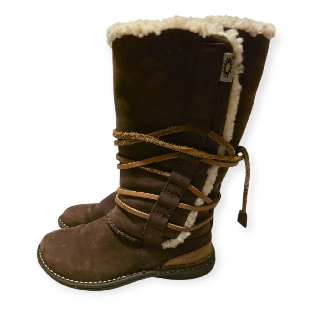 UGG Catalina 1634 Suede & Shearling Women's Tan Shearling Lace-Up Tall Boots